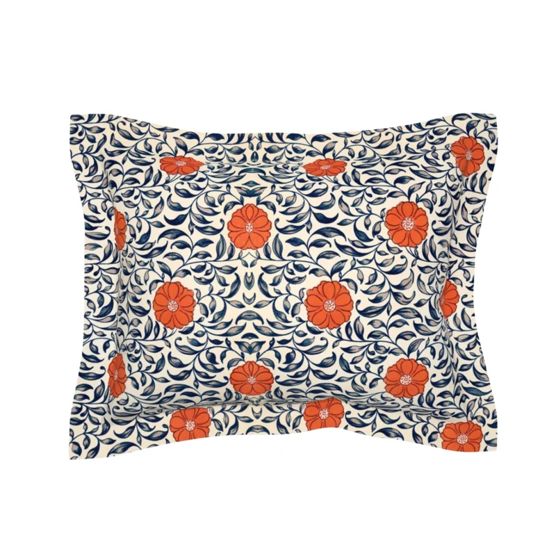 Vintage Orange Blue Flowers Cotton Bedding Set Duvet Cover, Pillow Shams