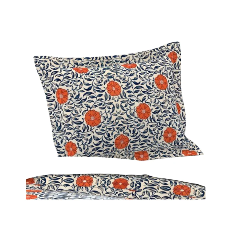 Vintage Orange Blue Flowers Cotton Bedding Set Duvet Cover, Pillow Shams