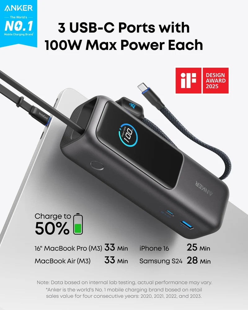 Anker Laptop Power Bank, 25,000mAh with Triple 100W USB-C