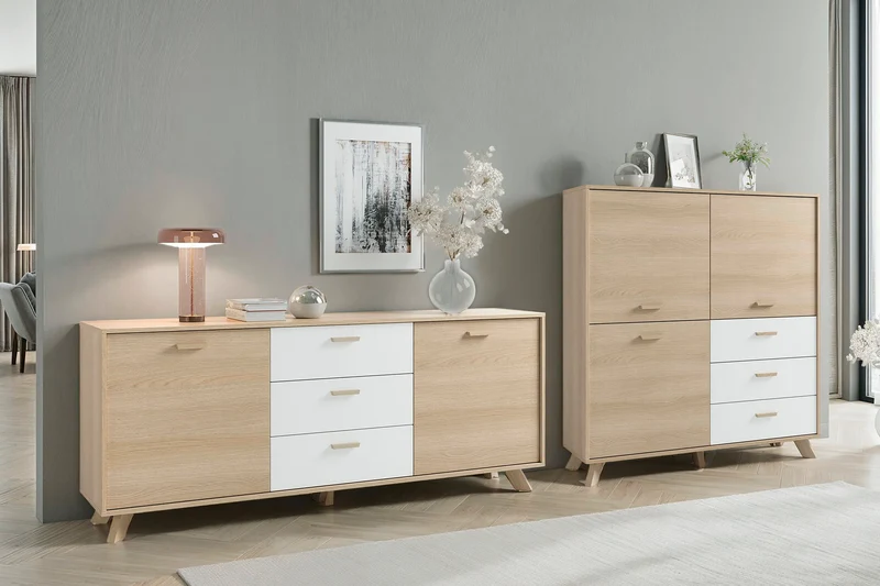 Sideboard BASTIAN / Eiche bianco, weiß / Griffe und Füße Massivholz Eiche / 3 Schubkästen und 2 Türen / viel Stauraum / Kommode / Anrichte / Maße: B 180, H 72,5, T 36,5 cm
