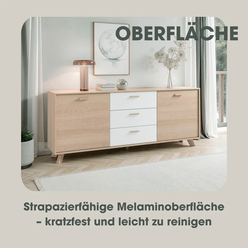 Sideboard BASTIAN / Eiche bianco, weiß / Griffe und Füße Massivholz Eiche / 3 Schubkästen und 2 Türen / viel Stauraum / Kommode / Anrichte / Maße: B 180, H 72,5, T 36,5 cm