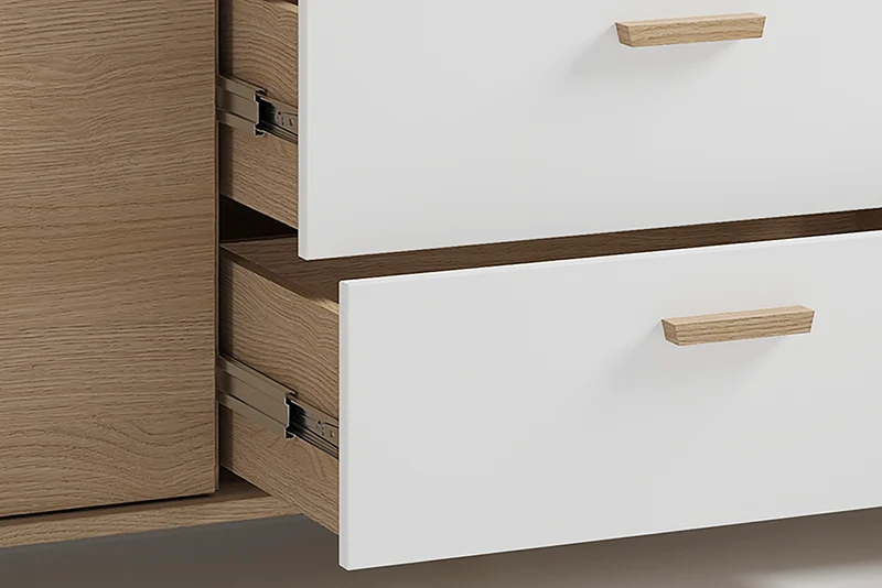 Sideboard BASTIAN / Eiche bianco, weiß / Griffe und Füße Massivholz Eiche / 3 Schubkästen und 2 Türen / viel Stauraum / Kommode / Anrichte / Maße: B 180, H 72,5, T 36,5 cm