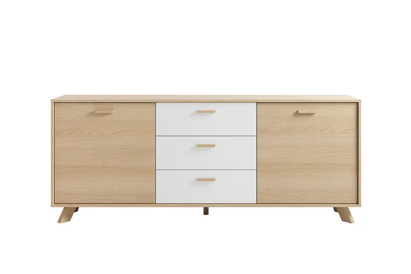 Sideboard BASTIAN / Eiche bianco, weiß / Griffe und Füße Massivholz Eiche / 3 Schubkästen und 2 Türen / viel Stauraum / Kommode / Anrichte / Maße: B 180, H 72,5, T 36,5 cm