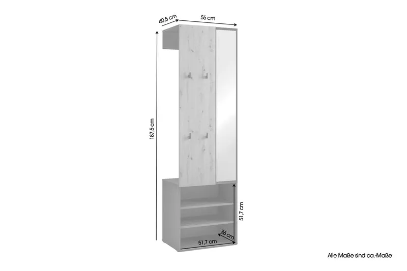 Kompaktgarderobe ANDORRA / Artisan Eiche (Eiche-Optik) oder weiß mit schwarz / Spiegel, Kleiderstange und Schuhfächer / Garderobenschrank / Flurgarderobe / Maße: B 55, H 187,5, T 40,5 cm