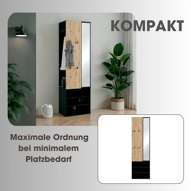 Kompaktgarderobe ANDORRA / Artisan Eiche (Eiche-Optik) oder weiß mit schwarz / Spiegel, Kleiderstange und Schuhfächer / Garderobenschrank / Flurgarderobe / Maße: B 55, H 187,5, T 40,5 cm
