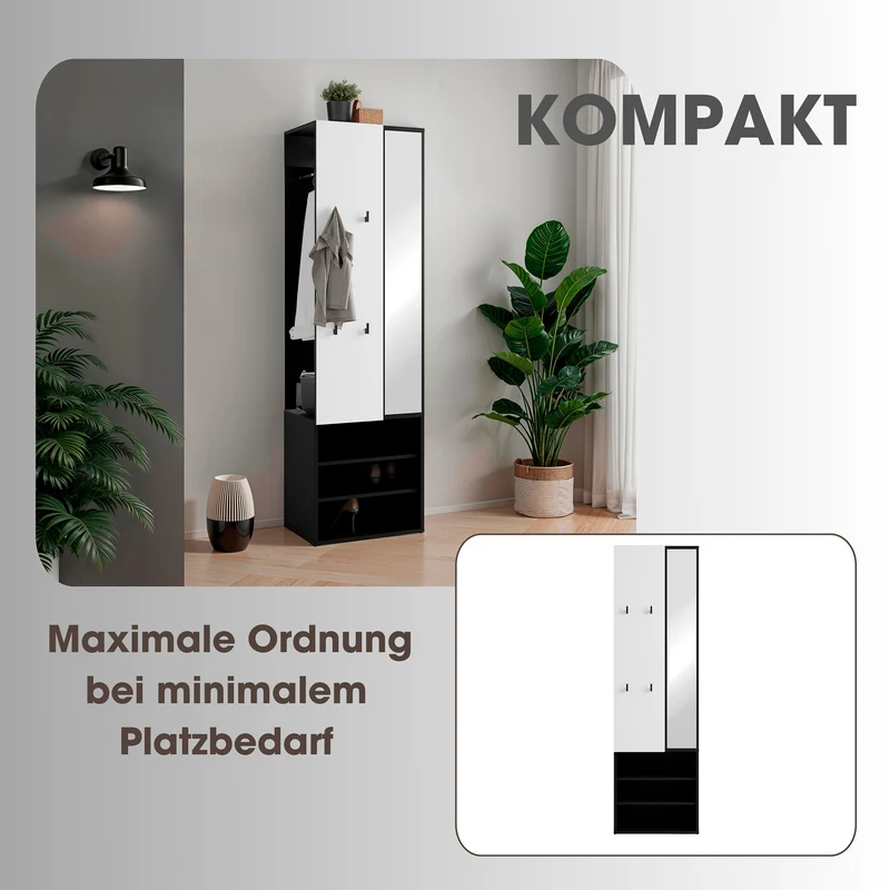 Kompaktgarderobe ANDORRA / Artisan Eiche (Eiche-Optik) oder weiß mit schwarz / Spiegel, Kleiderstange und Schuhfächer / Garderobenschrank / Flurgarderobe / Maße: B 55, H 187,5, T 40,5 cm