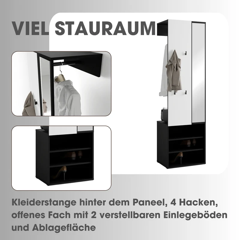 Kompaktgarderobe ANDORRA / Artisan Eiche (Eiche-Optik) oder weiß mit schwarz / Spiegel, Kleiderstange und Schuhfächer / Garderobenschrank / Flurgarderobe / Maße: B 55, H 187,5, T 40,5 cm