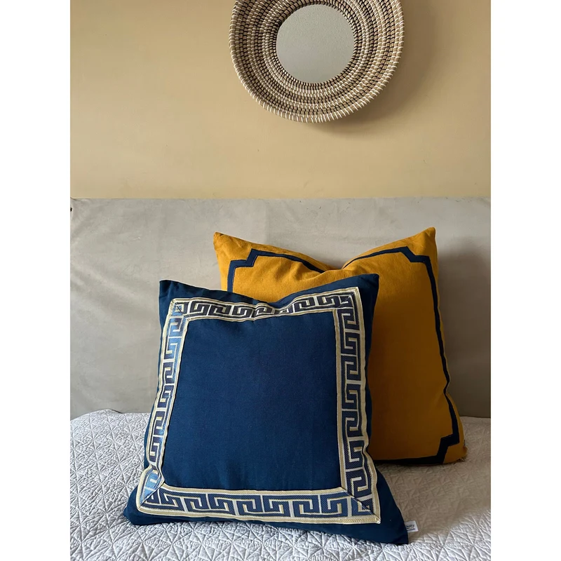 Navy Blue Greek Key Throw Pillow Covers, Greek Key Geometric Trim Modern Euro shams,