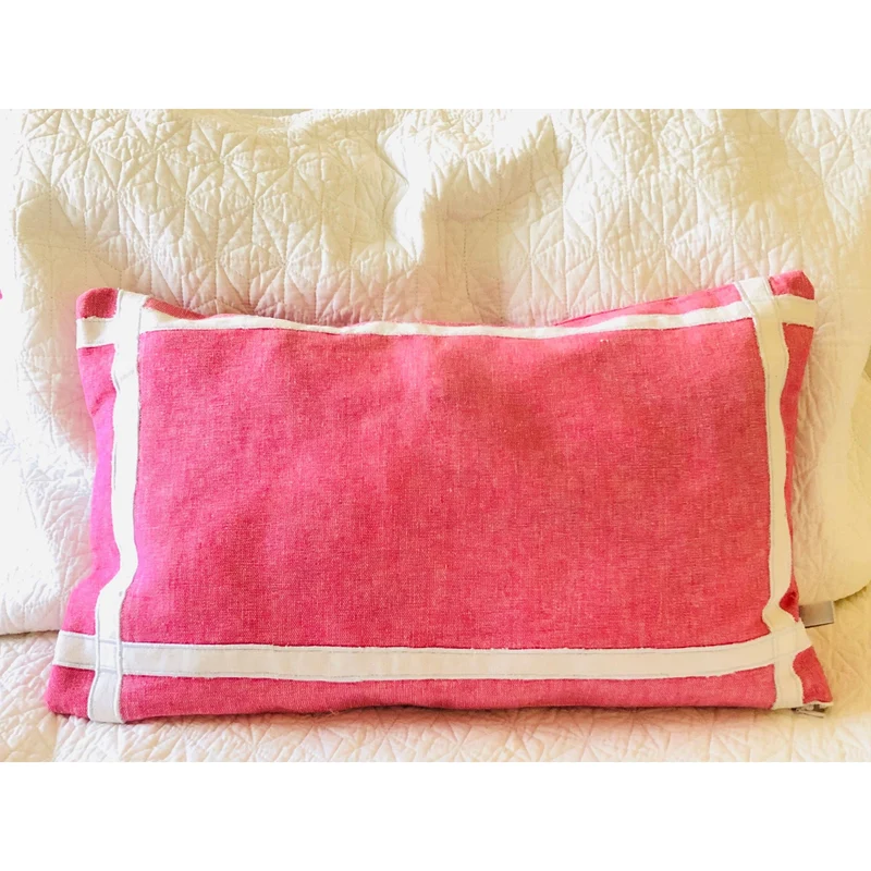 Pink White Trim Pillows, Bedroom Pillows, Pink Lumbar Throw Pillows,