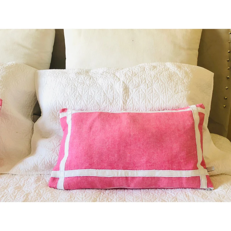 Pink White Trim Pillows, Bedroom Pillows, Pink Lumbar Throw Pillows,