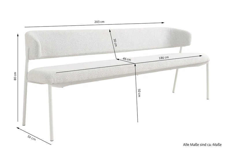 Polsterbank OSLO B 160 oder 200, Bezug in Bouclé grau, Untergestell aus Metall schwarz oder Bezug in Bouclé greige, Untergestell aus Metall seidengrau