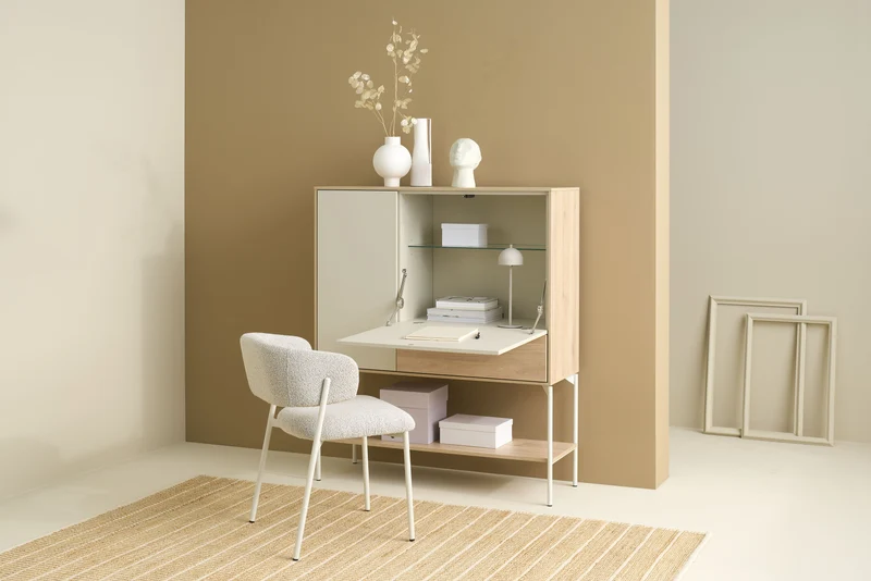Highboard LABOE 03, Korpus und Fronten in Melamin, Eichefarbig Bianco hell und seidengrau