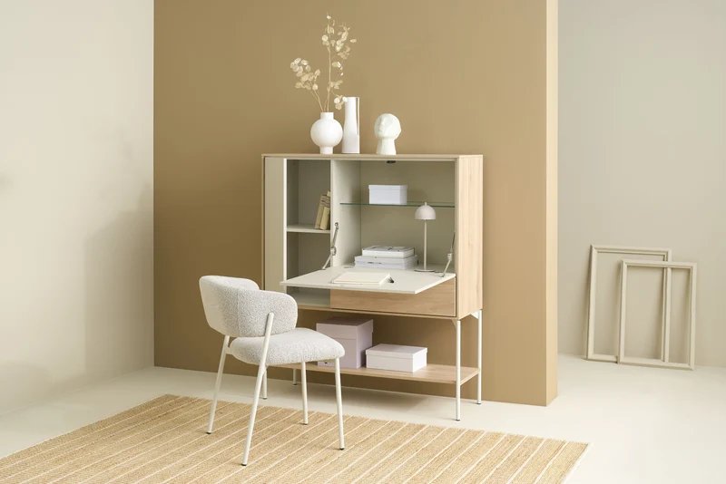 Highboard LABOE 03, Korpus und Fronten in Melamin, Eichefarbig Bianco hell und seidengrau
