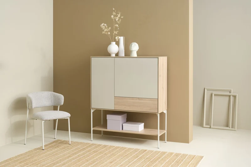 Highboard LABOE 03, Korpus und Fronten in Melamin, Eichefarbig Bianco hell und seidengrau
