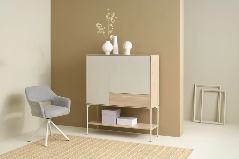 Highboard LABOE 03, Korpus und Fronten in Melamin, Eichefarbig Bianco hell und seidengrau