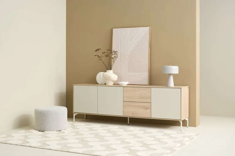 Sideboard LABOE 02, Korpus und Fronten in Melamin, Eichefarbig Bianco hell und seidengrau