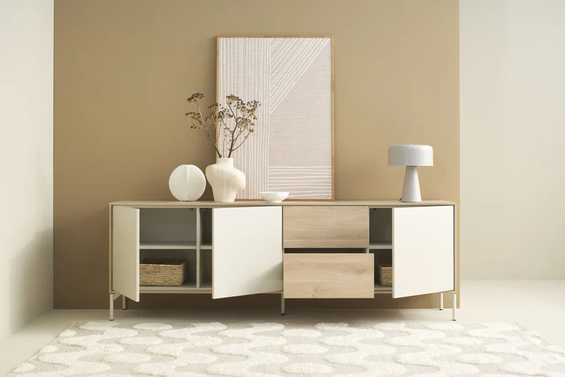 Sideboard LABOE 02, Korpus und Fronten in Melamin, Eichefarbig Bianco hell und seidengrau
