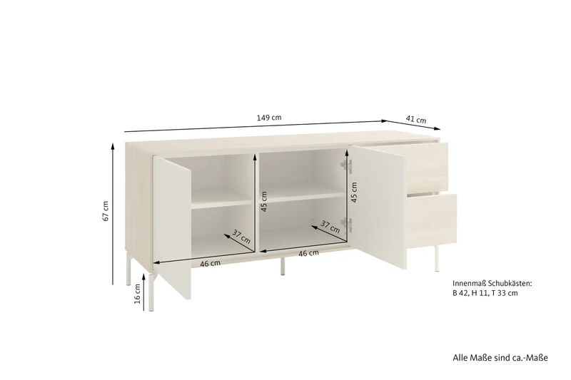 Sideboard LABOE 01, Korpus und Fronten in Melamin, Eichefarbig Bianco hell und seidengrau