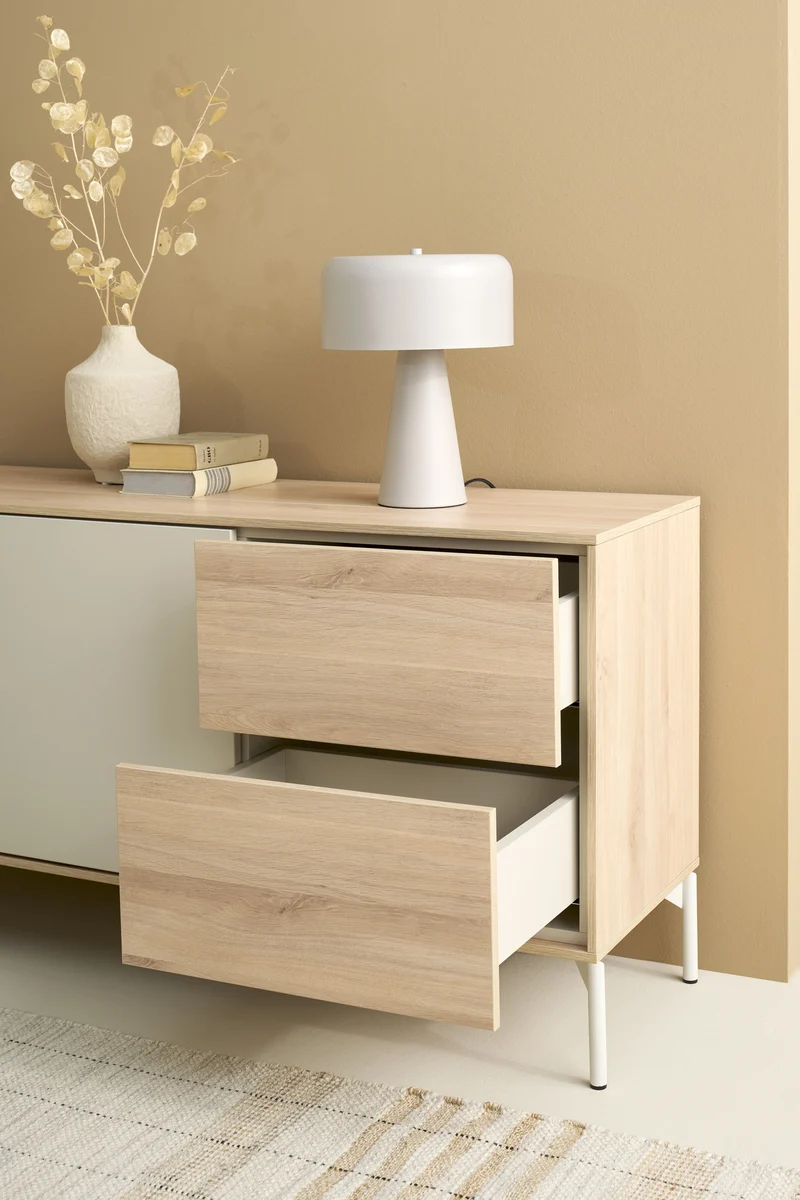 Sideboard LABOE 01, Korpus und Fronten in Melamin, Eichefarbig Bianco hell und seidengrau