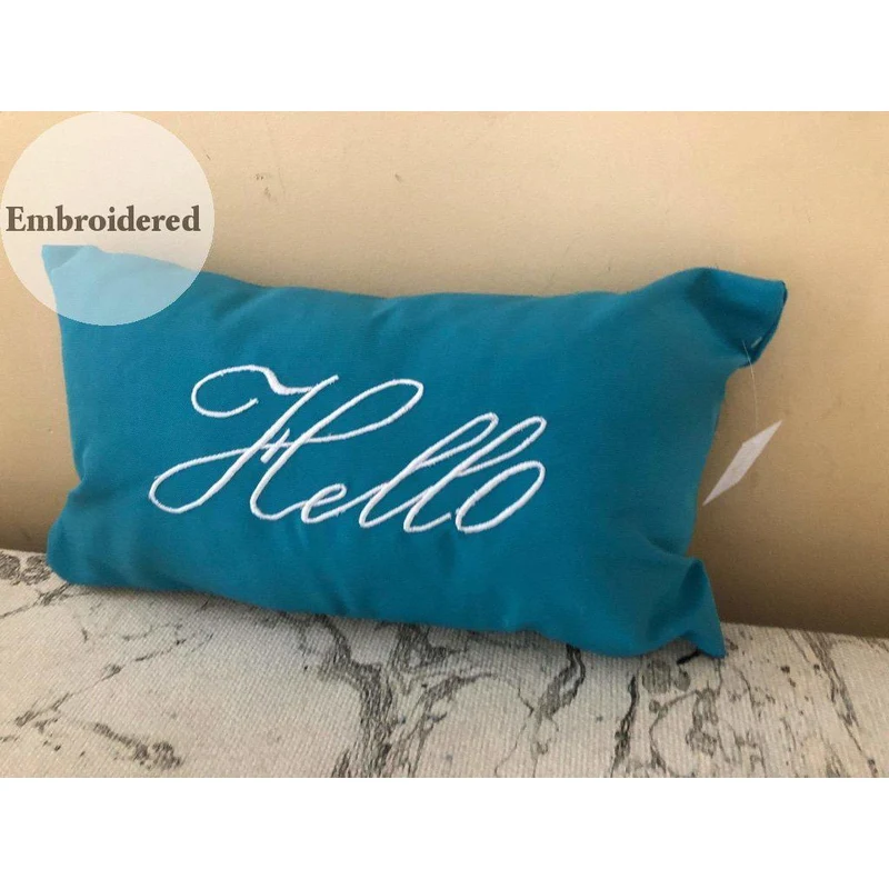 Turquoise Hello Outdoor Pillows, Small Lumbar Outdoor Pillows