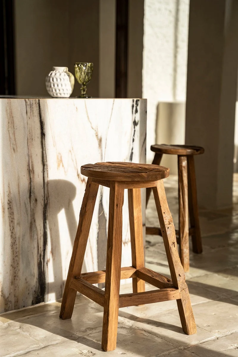 Tabouret de bar en teck naturel recyclé marron 39x39x70cm Shibori - Bazar Bizar