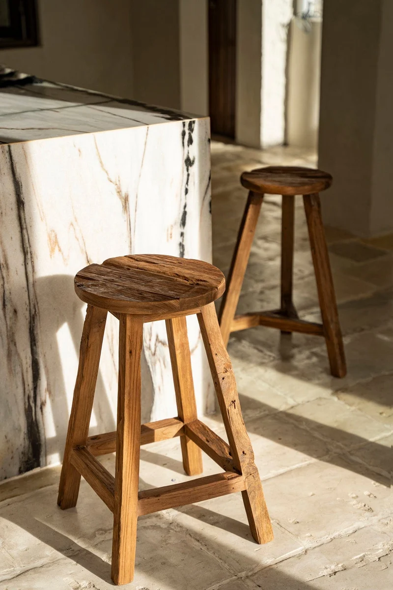 Tabouret de bar en teck naturel recyclé marron 39x39x70cm Shibori - Bazar Bizar