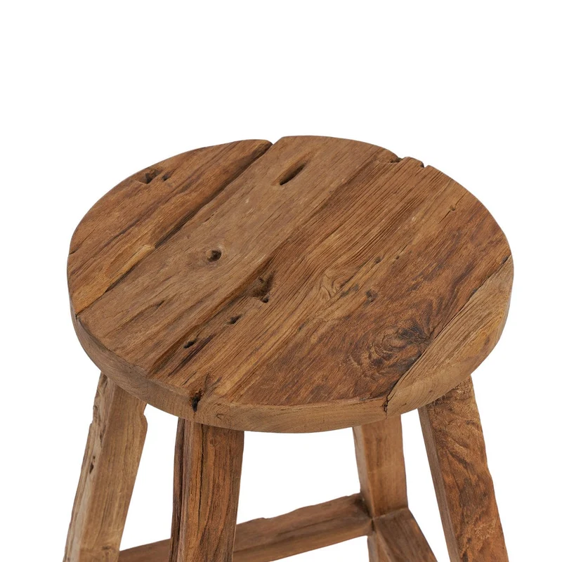 Tabouret de bar en teck naturel recyclé marron 39x39x70cm Shibori - Bazar Bizar