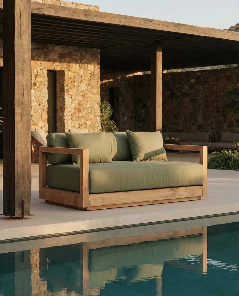 Canapé de jardin 2 places en teck recyclé naturel et tissu vert 142x85x60cm Umalas - Bazar Bizar