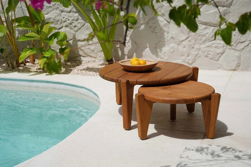 Table basse de jardin ronde en teck massif recyclé naturel 70x70x35cm Seseh - Bazar Bizar