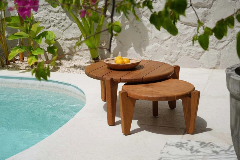 Table basse de jardin ronde en teck massif recyclé naturel 50x50x30cm Seseh - Bazar Bizar