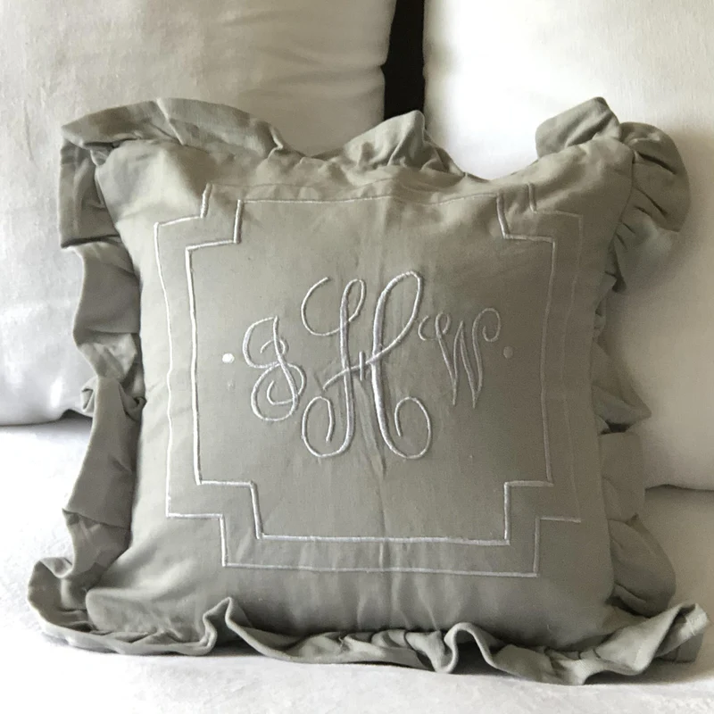 Gray Ruffle Pillow Covers, Gray Ruffle Square Monogram Pillows, Gray Pillows