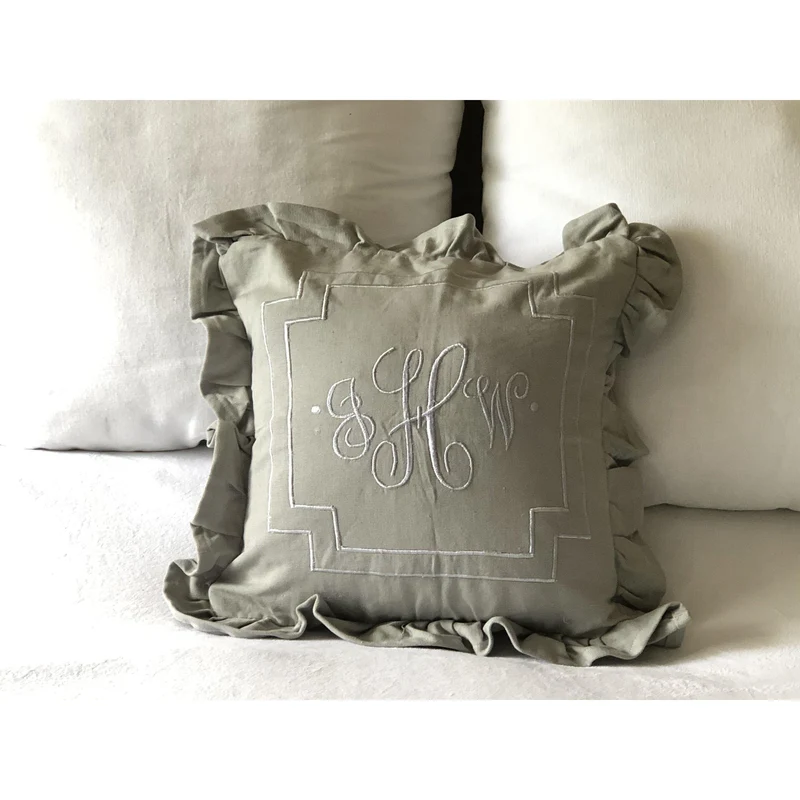 Gray Ruffle Pillow Covers, Gray Ruffle Square Monogram Pillows, Gray Pillows