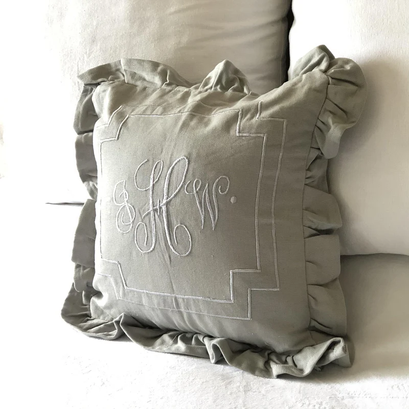 Gray Ruffle Pillow Covers, Gray Ruffle Square Monogram Pillows, Gray Pillows