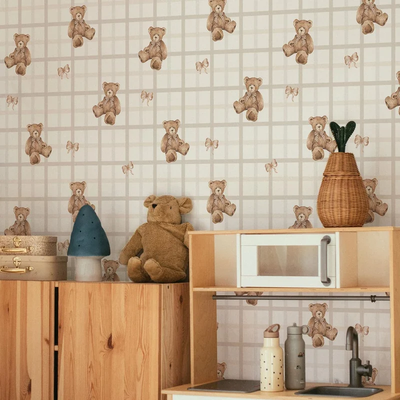 Dekornik Tapete Teddy Bears on Karo Beige Streifen 50 x 280