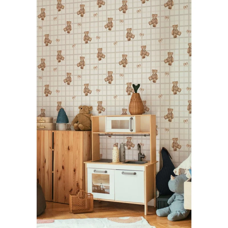 Dekornik Tapete Teddy Bears on Karo Beige Streifen 50 x 280