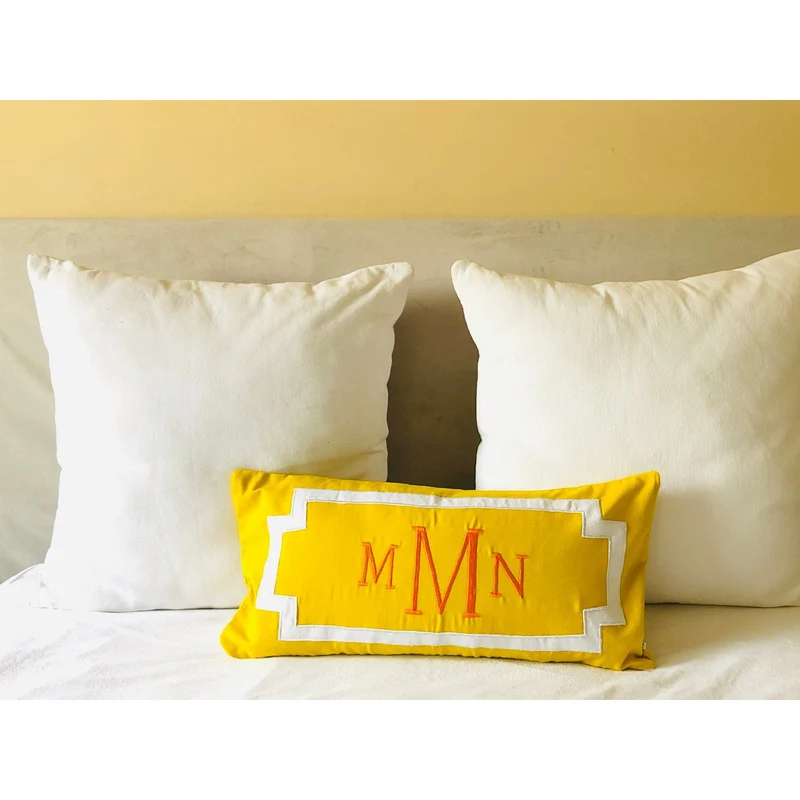 Yellow Monogrammed Lumbar Pillow, Yellow Decorative Throw Pillows, Long Yellow Lumbar Pillow Cover