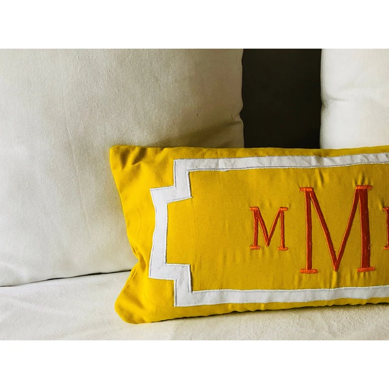 Yellow Monogrammed Lumbar Pillow, Yellow Decorative Throw Pillows, Long Yellow Lumbar Pillow Cover