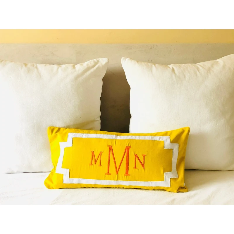Yellow Monogrammed Lumbar Pillow, Yellow Decorative Throw Pillows, Long Yellow Lumbar Pillow Cover