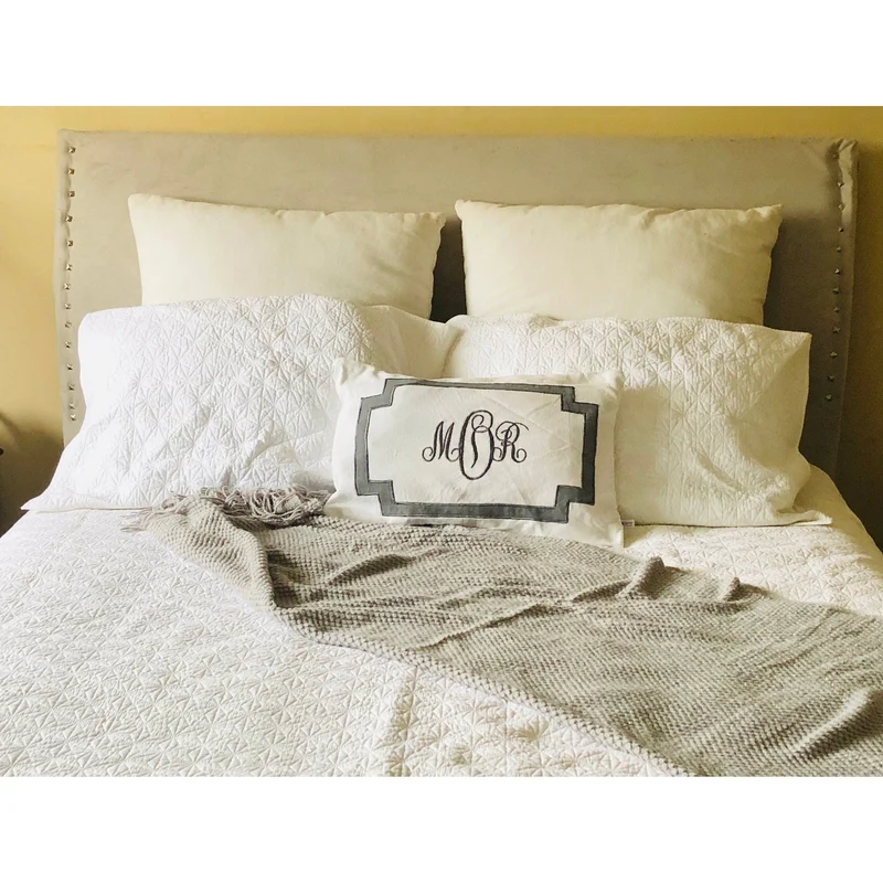 White Gray Monogram Long Lumbar Pillow