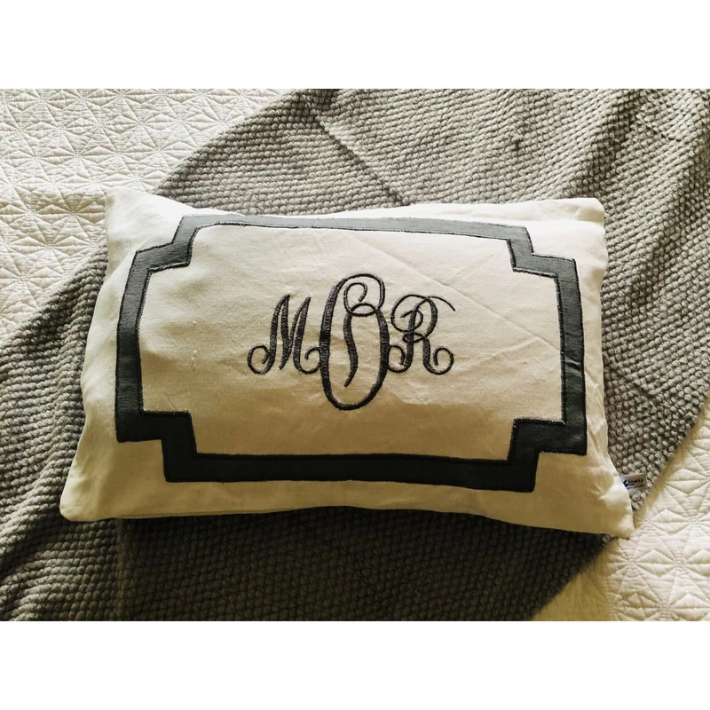 White Gray Monogram Long Lumbar Pillow