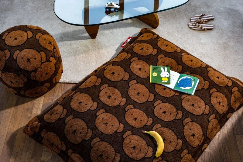 Pouf rond pour enfant en tissu doux marron 50x50x35cm Point Teddy x Boris - Fatboy