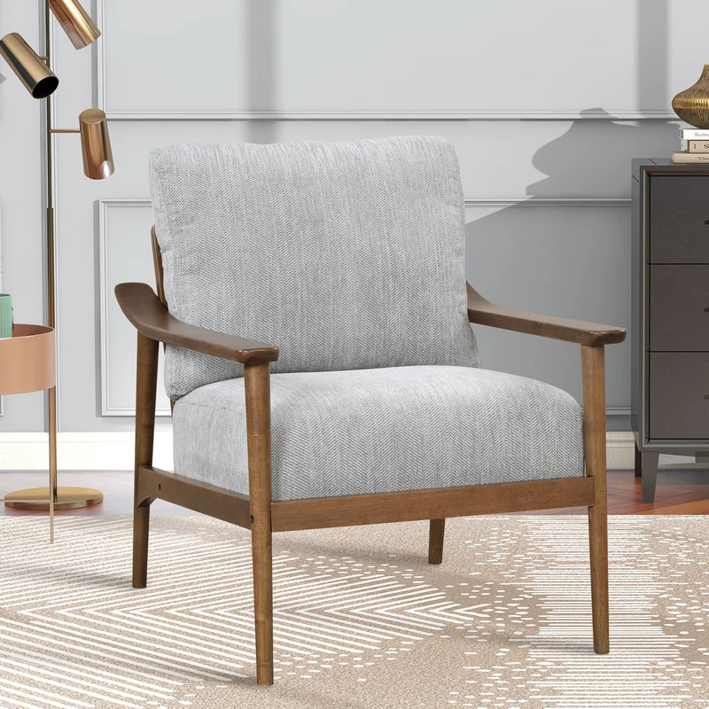 Mid Century Modern Chair with Solid Wood Frame; Arm Chair with Vertical Slatted Back