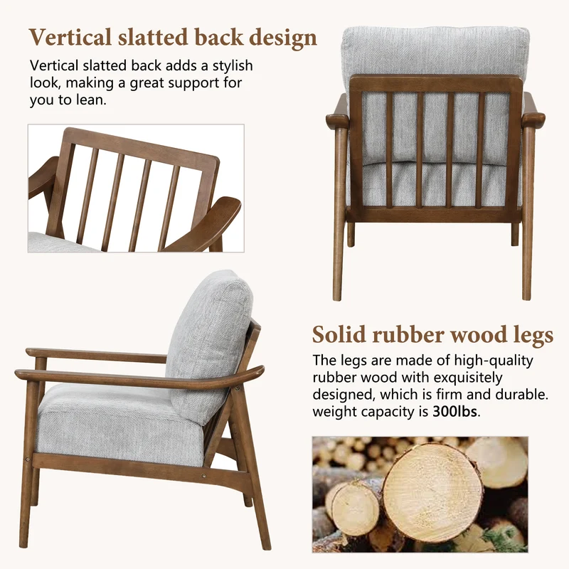 Mid Century Modern Chair with Solid Wood Frame; Arm Chair with Vertical Slatted Back