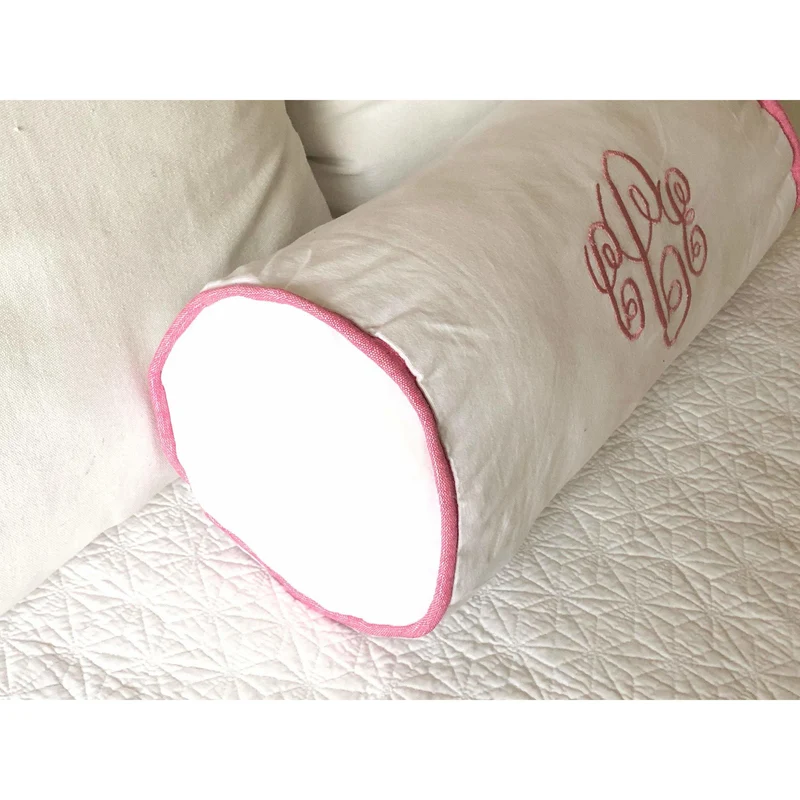 White Bolster Monogrammed Pillow Cover with Piping