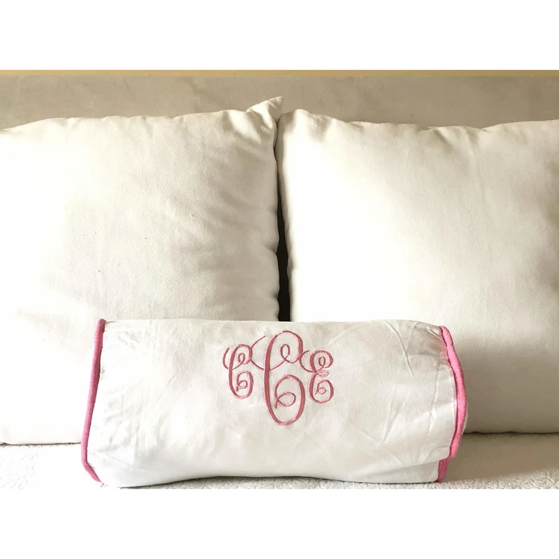 White Bolster Monogrammed Pillow Cover with Piping