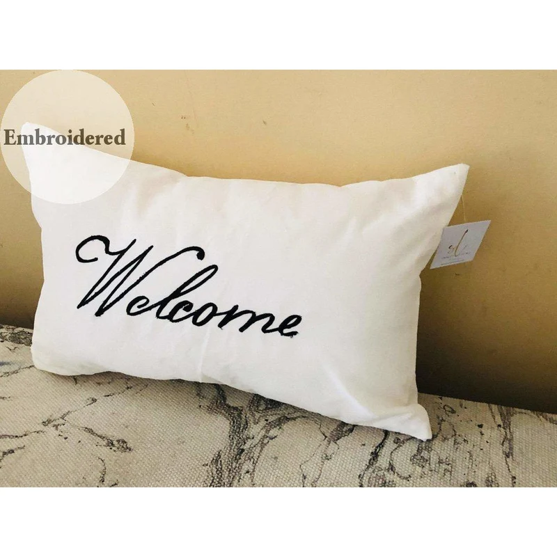 Welcome 12x20 White Embroidered Pillows