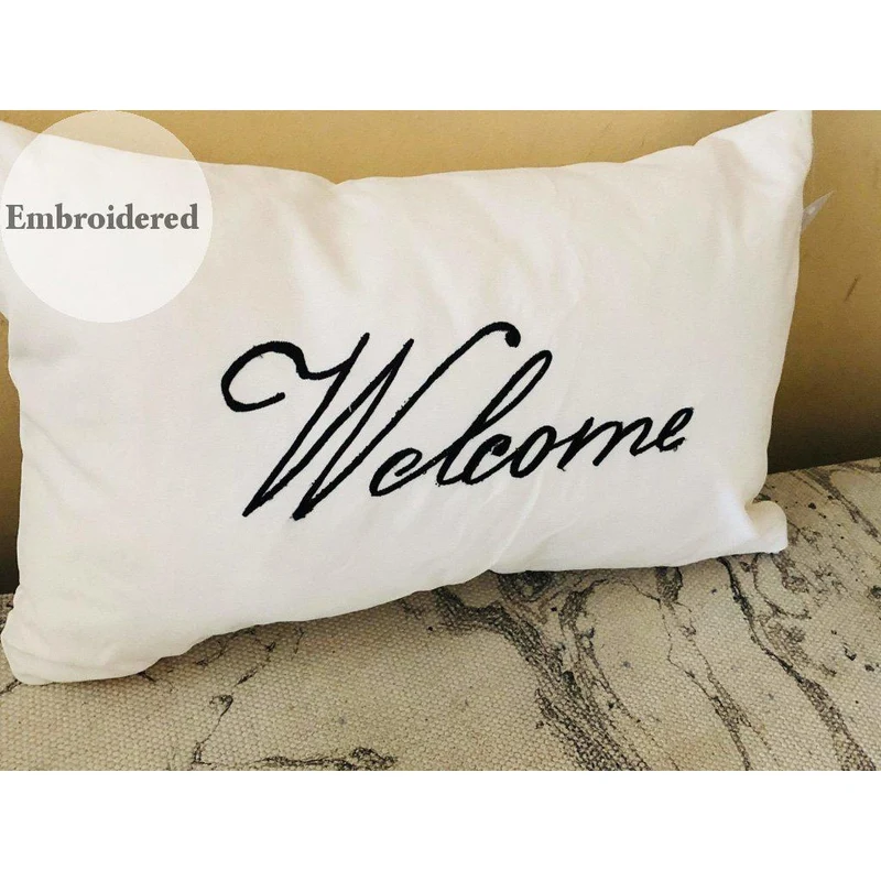 Welcome 12x20 White Embroidered Pillows