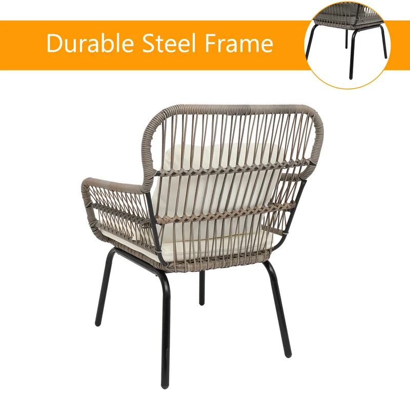 3-Piece Patio Wicker Conversation Bistro Set with 2 Chairs & Glass Top Side Table & Cushions Tan