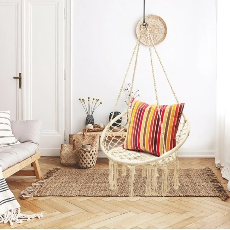 Comfortable And Safe Hanging Hammock Chair With Handwoven Macrame Cotton Backrest