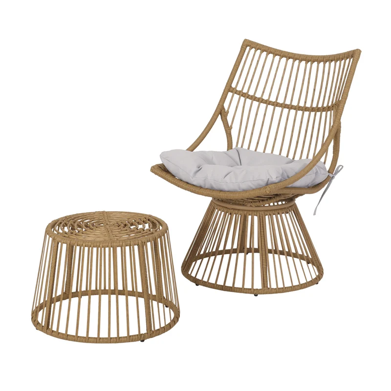 Wicker outdoor chair and side table set with cushions; light brown and beige